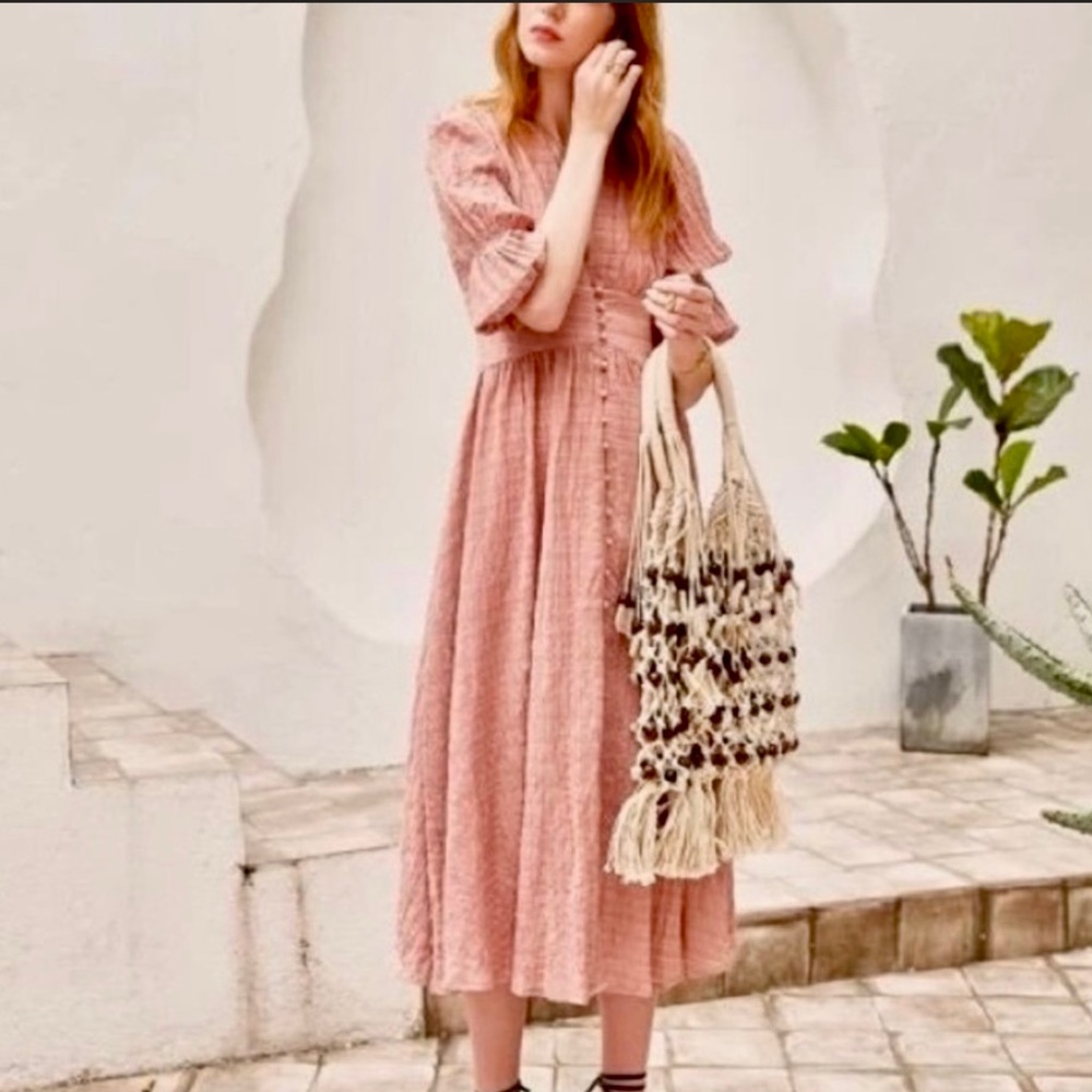 O.p.t. Dusty rose pink Boho maxi dress puff sleeves corset V-neck button-down XS - Picture 2 of 8